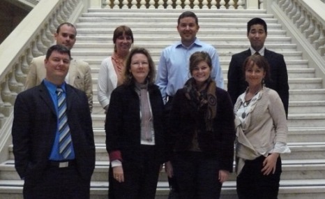 Front Row, L to R: Joseph Leonard (2L), Professor Sylvia Caley, Evelyn Clark (2L), Clair Bryan (3L). Back Row, L to R: John DiNatale (3L), Emily Frantz (2L), David Rhodes (3L), Sam Park (2L). Not pictured: Megan Daugherty (3L)