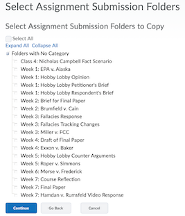 Screenshot of select assignments to copy menu